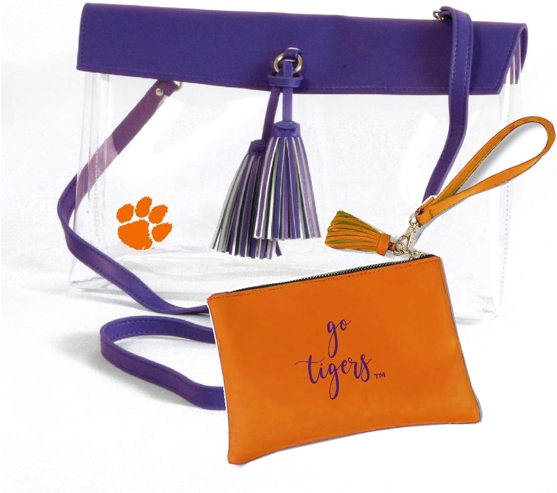 Desden Clemson Tigers Clear Handbag and Wristlet Combo with Logo, Vegan Leather Trim and Tassels