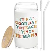 BEHIFL Teacher Glass Cup with Lids and Straws 14oz, Back to School Teacher Gifts, Kindergarten Teachers Appreciation Gifts Glass Iced Coffee Tumbler Drinking Jars with Cleaning Brush