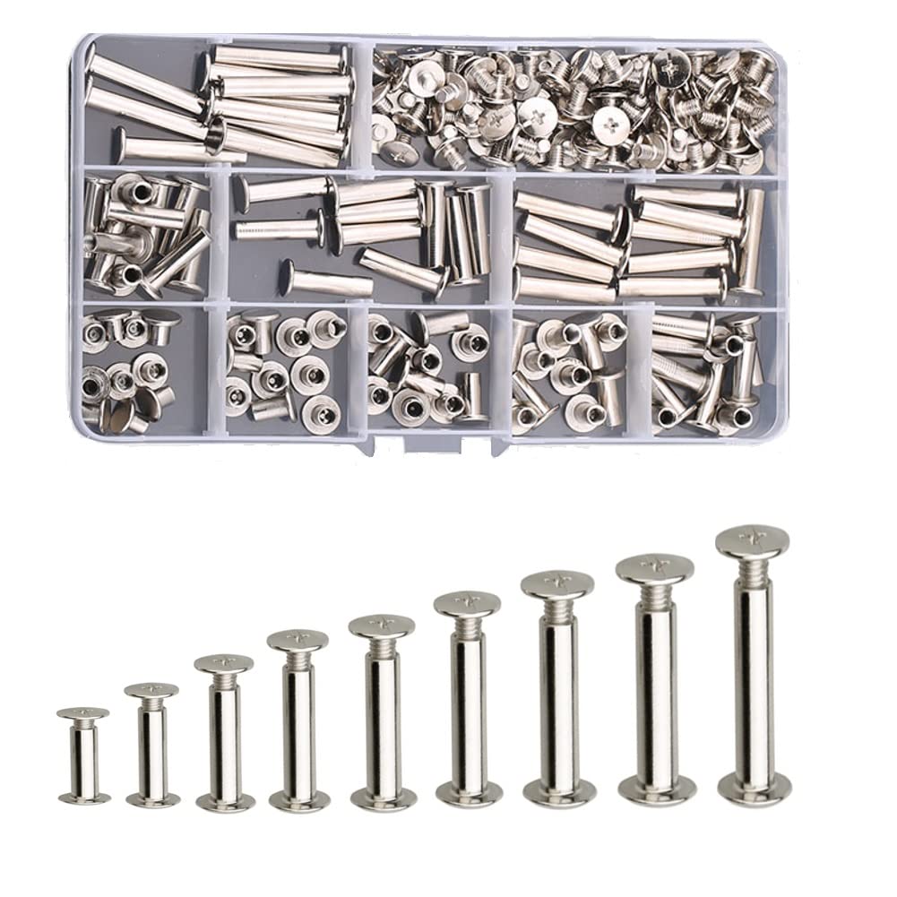 CONPHERON Chicago Screws 90 Sets Binding Screw 9 Sizes Rivets for Leather Decoration Book Binding (Nickel Plated)
