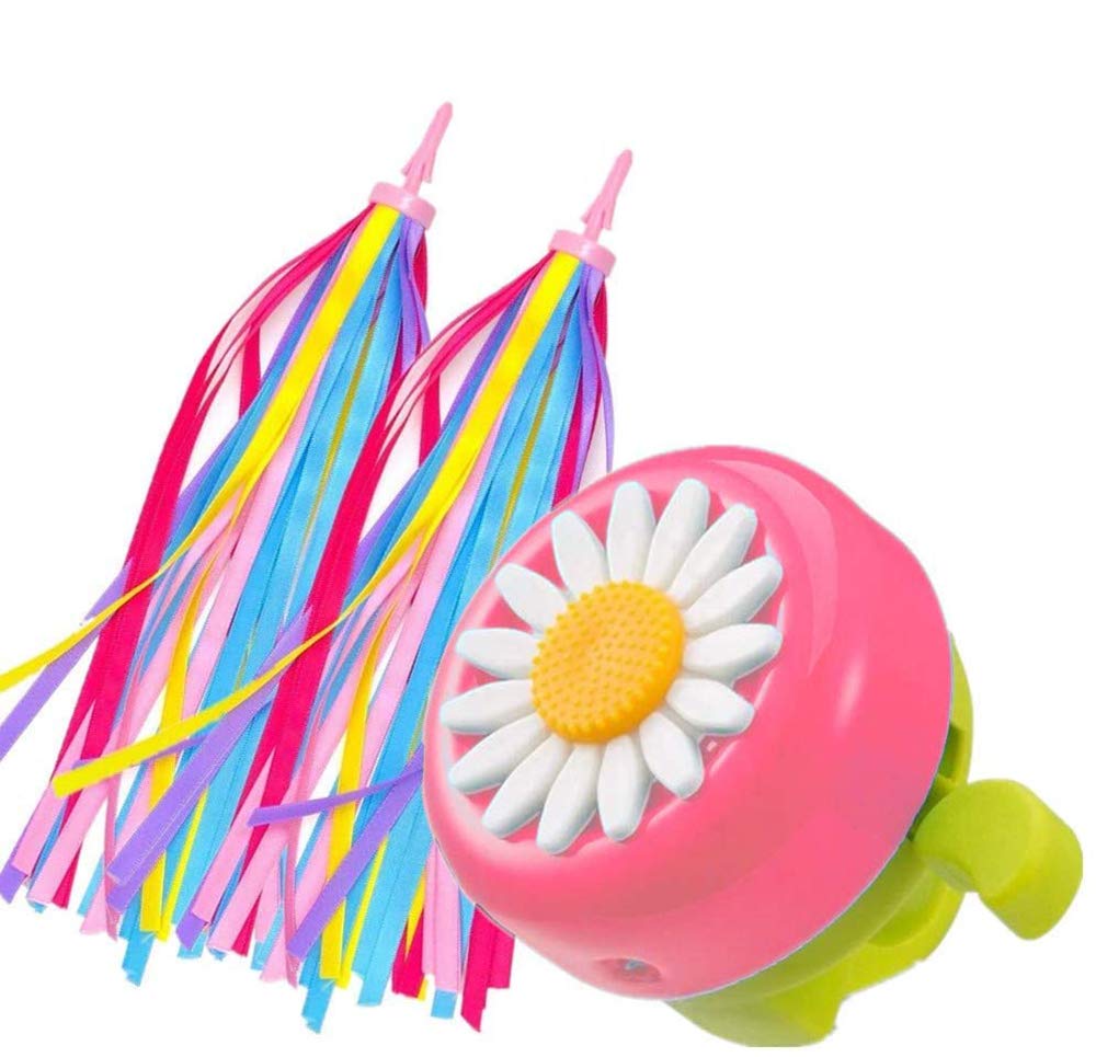 obqo 1 Pack Kids Bike Bell and 2 Pack Kids Bike Streamers for Children's Bike Accessories (Pink, Red, Purple & Blue) (Pink & Green)