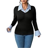 Floerns Women's Plus Size Striped 2 in 1 Long Sleeve T Shirts Button Down Dressy Casual Tops
