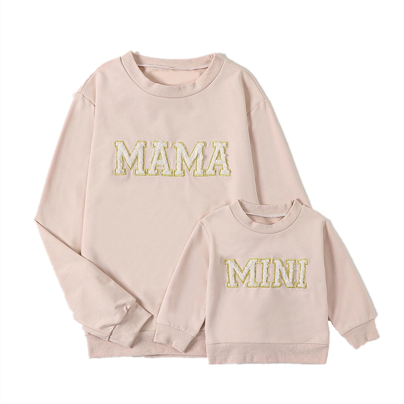 Photo 1 of Covvoliy Mommy and Me Letter Print Matching Family Outfits Long Sleeve Crewneck Casual Sweatshirt T-Shirt (Kid, Cream, 12-18 Months)