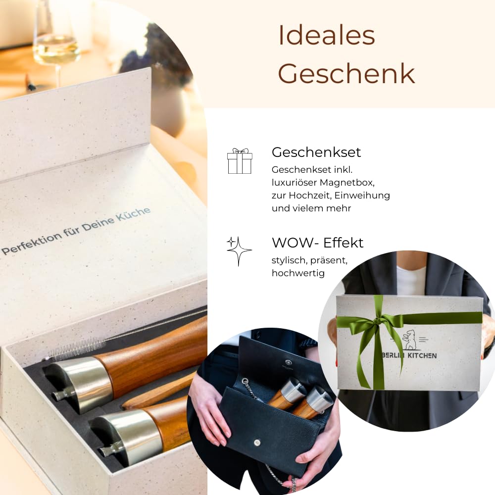 BERLIN KITCHEN® Salt'n Pepper Passion Salz- und Pfeffermühle Set | Edle Akazie & Edelstahl | GRATIS Dosierlöffel | Langlebiges Keramikmahlwerk | Stilvolles Geschenk | Stufenlos einstellbarer Mahlgrad 2