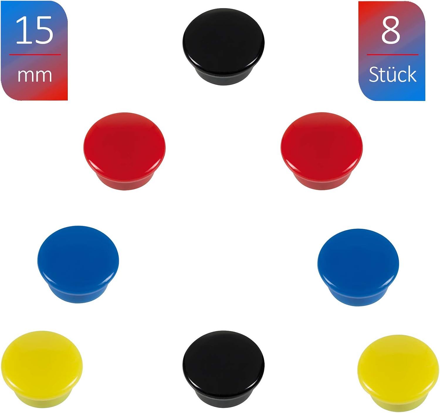 Westcott E-10807 00 Adhesive Magnets Pack of 8 15 mm Round 2 Each Black/Red/Blue/Yellow, Black, Red, Blue, Yellow, Small