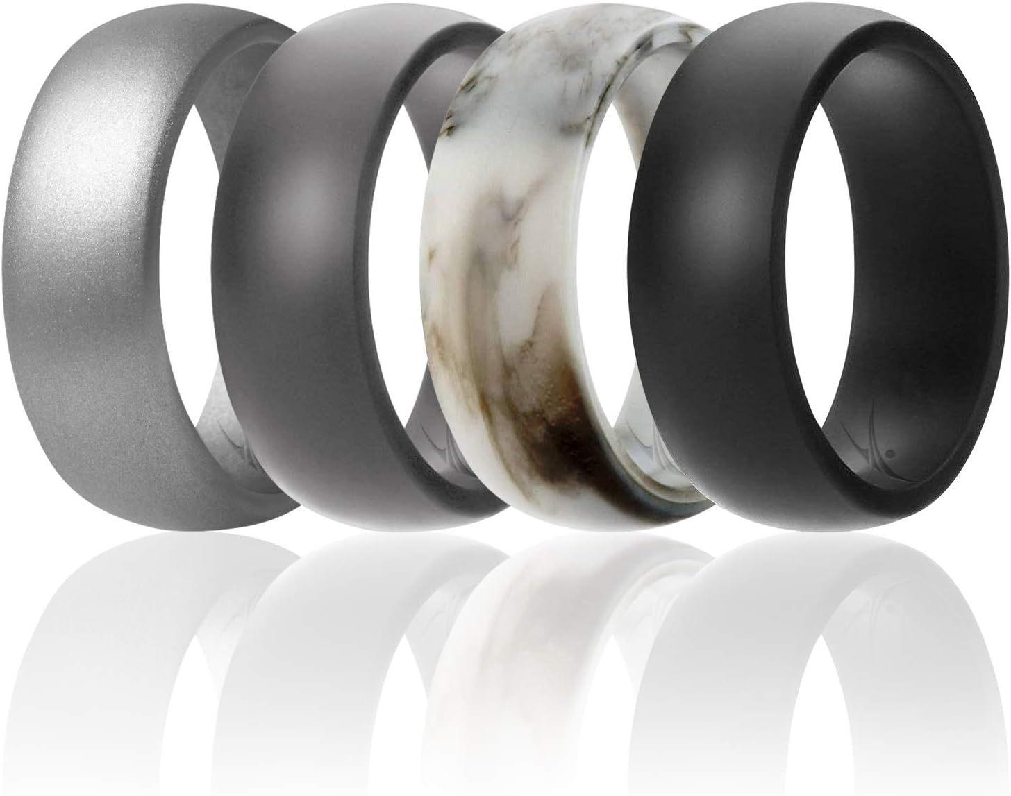 ROQ Silicone Wedding Ring for Men Affordable Silicone Rubber Band, 7 Pack, 4 Pack & Singles - Camo, Metal Look Silver, Black, Grey, Light Grey
