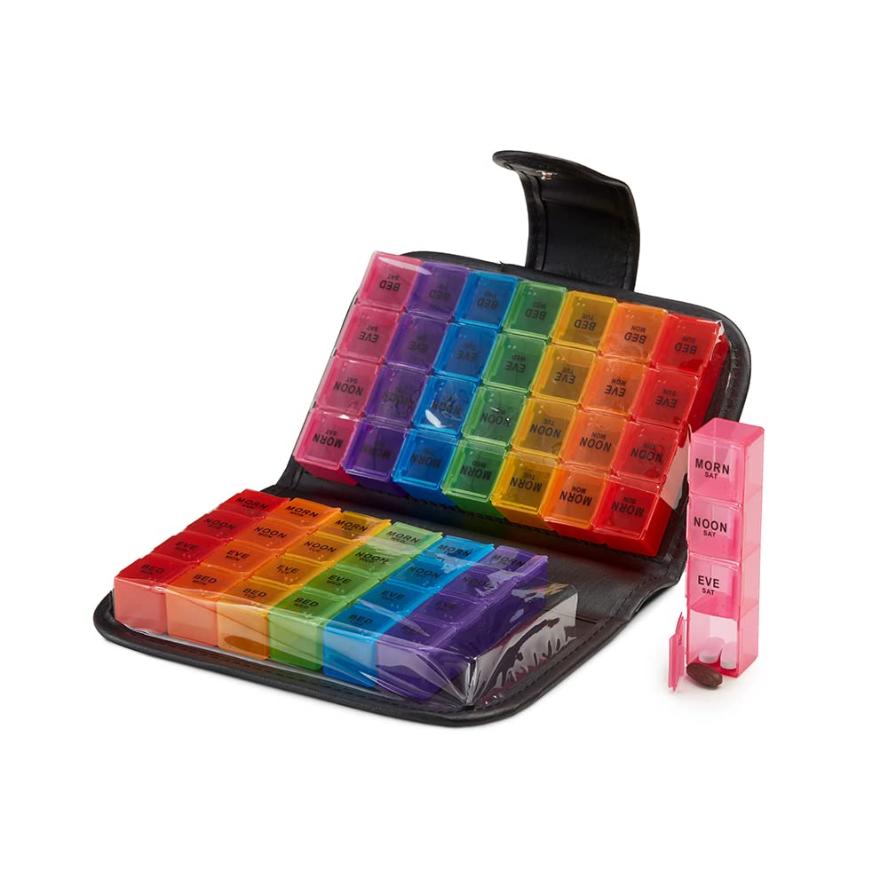 Easylife 14 Day Pill Box Organiser, 4 Times a Day, Tablet Organiser Wallet for Medication, Vitamins & Supplements, H19cm x W11.5cm x D5cm, Rainbow Colour