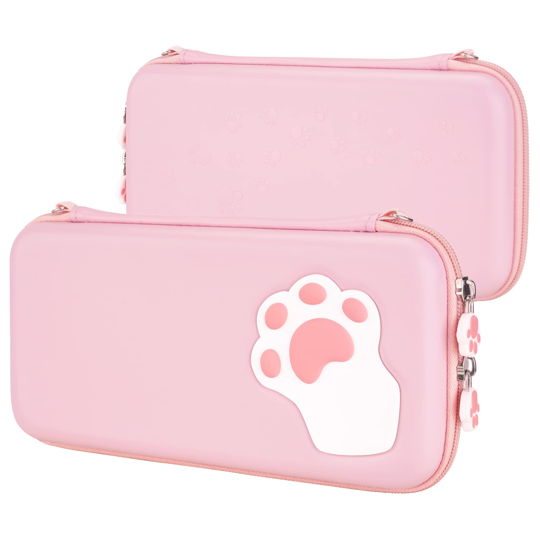 eXtremeRate PlayVital Pink Cute Carrying Case for Nintendo Switch Lite, Thumb Grip Caps + Cat Paw Slim Travel Case for Switch Lite, Portable Hardshell Girl Storage Bag Game Accessories