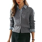 EVAZOU Women's Grey Cable Knit Sweater Cardigan, Round Neck Long Sleeves Button Closure Cropped 2025 Autumn Sweater