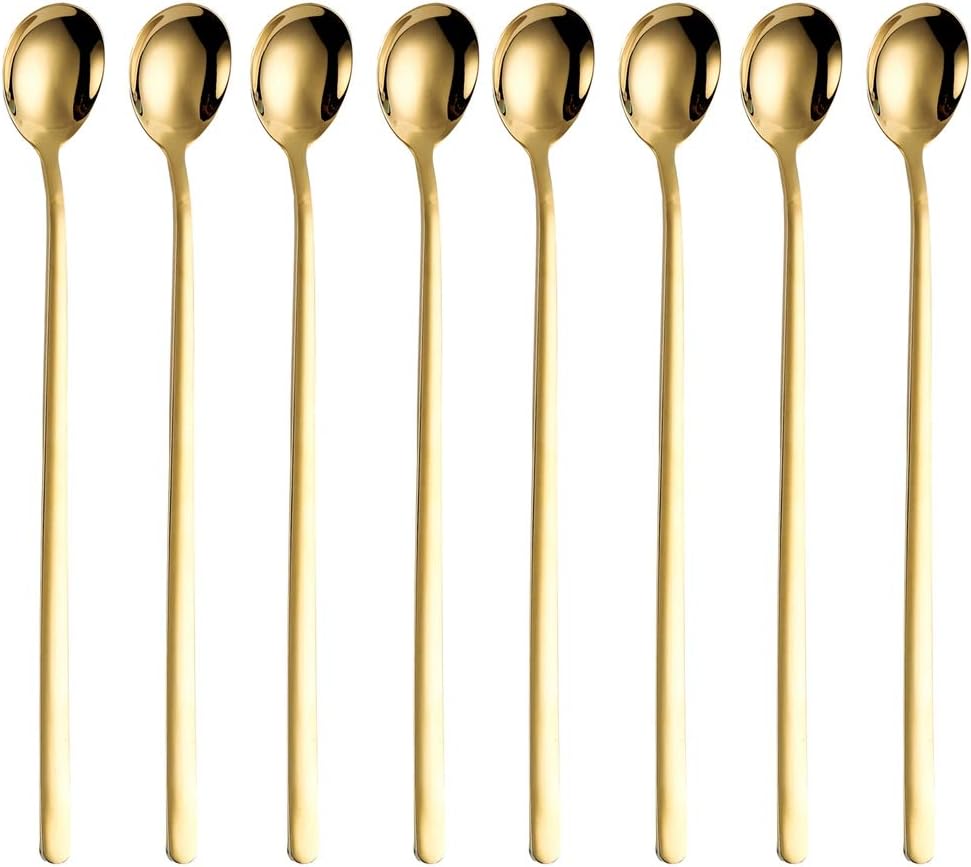 Long Handle Ice Cream Tea Spoon 8 Piece 18/10 Stainless Steel Mixing Ice Cream Cocktail Cocktail Stirring Spoons Set Dishwasher Safe 9 Inch Gold