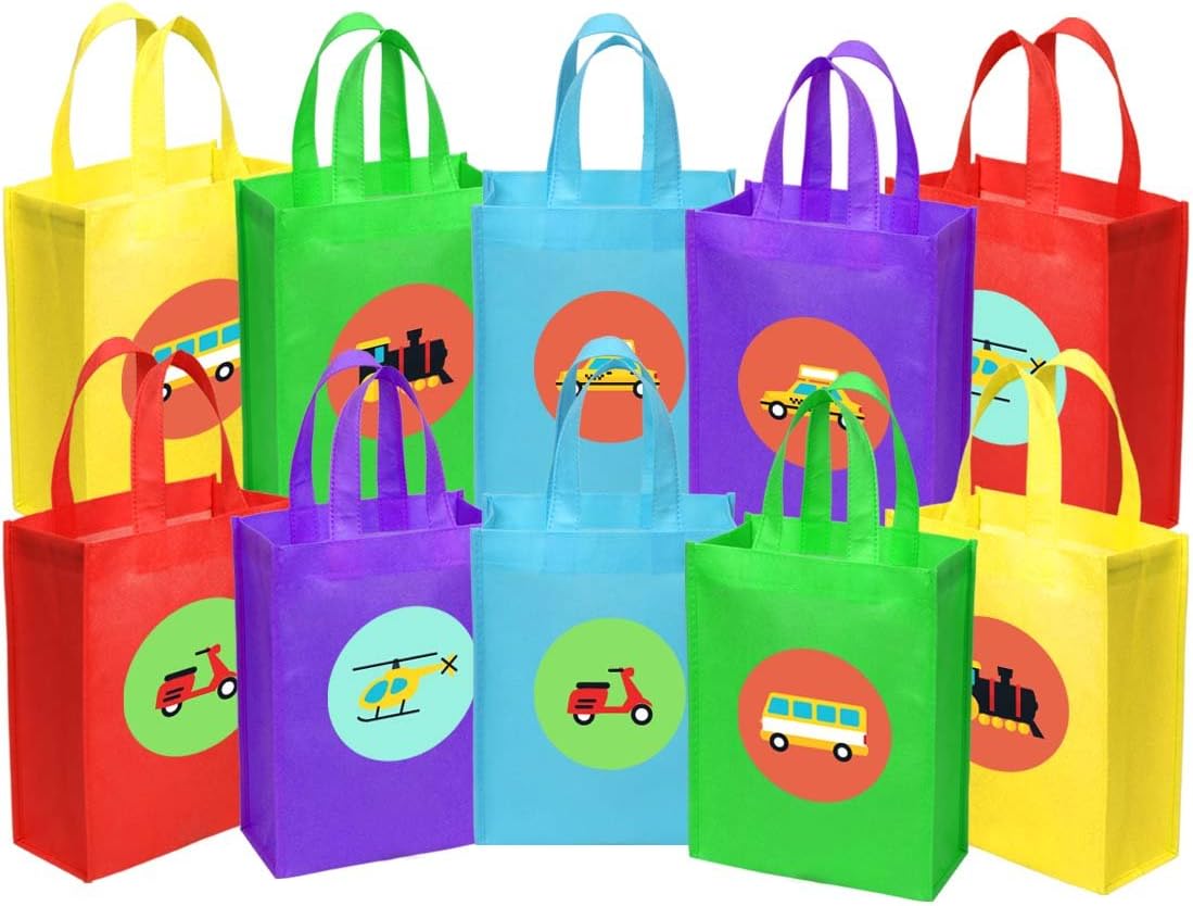 Ava & Kings Fabric Tote Party Favor Goodie Gift Bags for Candy, Treats, Toys, Loot - Birthdays, Showers, Easter, Halloween, Lunch, Grocery - Set of 10 - Transportation Theme