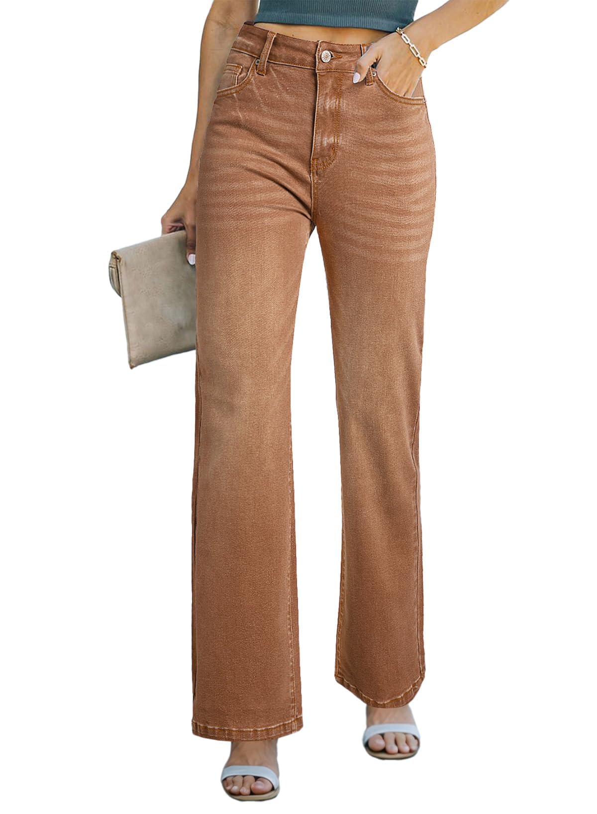 Photo 1 of Sidefeel Women's Wide Leg Jeans Casual High Waisted Straight Denim Pants with Pockets Brown Size 14