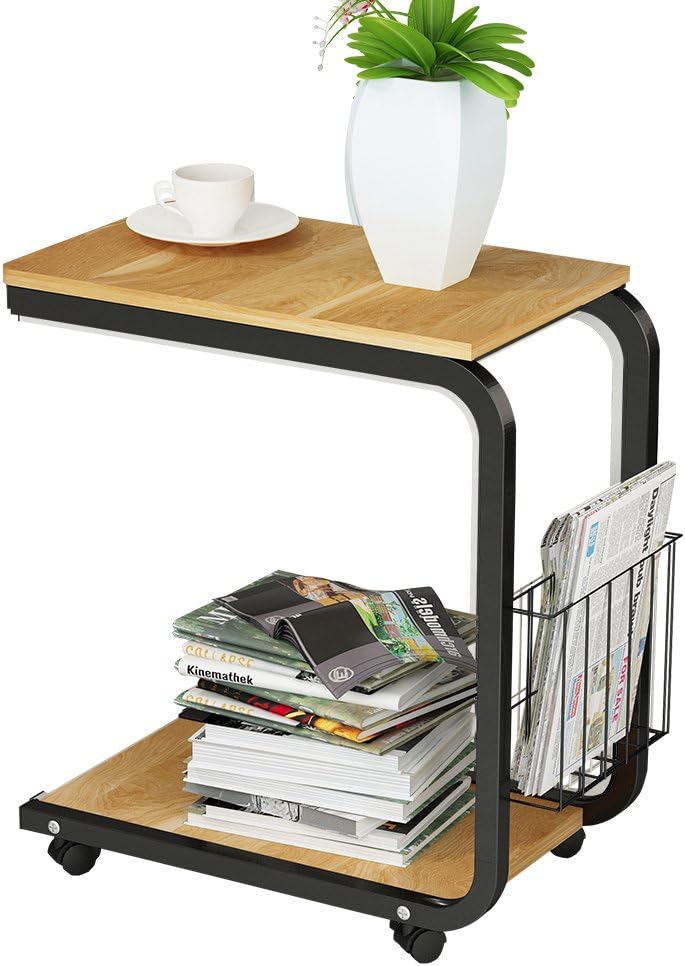 DlandHome U-Shaped Side Table Laptop Stand with Wheels Basket Desk for Bed Sofa Hospital Reading Eating, Oak