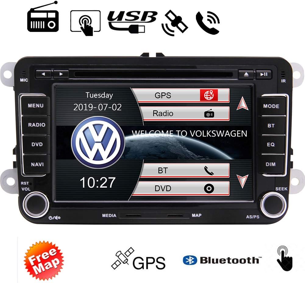 EinCar Car Audio Stereo Headunit GPS Navigation in Dash Headunit for Volkswagen Double Din Car DVD Player Radio 7 inch HD Touch Screen Bluetooth Free Canbus for Steering Wheel Control 8GB Map Card