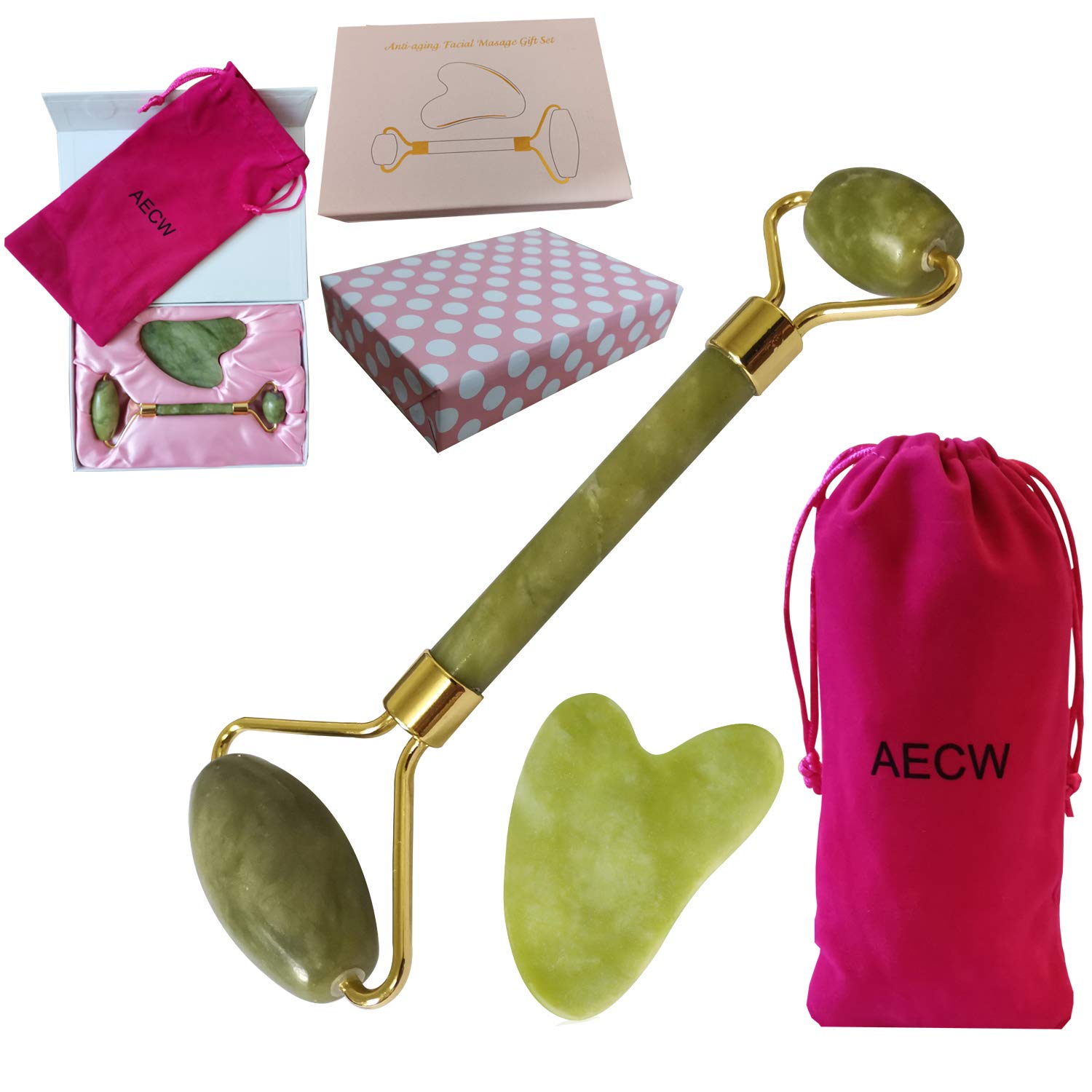 AECW Authentic Real Natural Jade Roller and Gua Sha Set Scraper Tool Jade Roller for Face Eyes Neck Jade Facial Roller Relaxation Skin Care Facial Massage Roller: Beauty