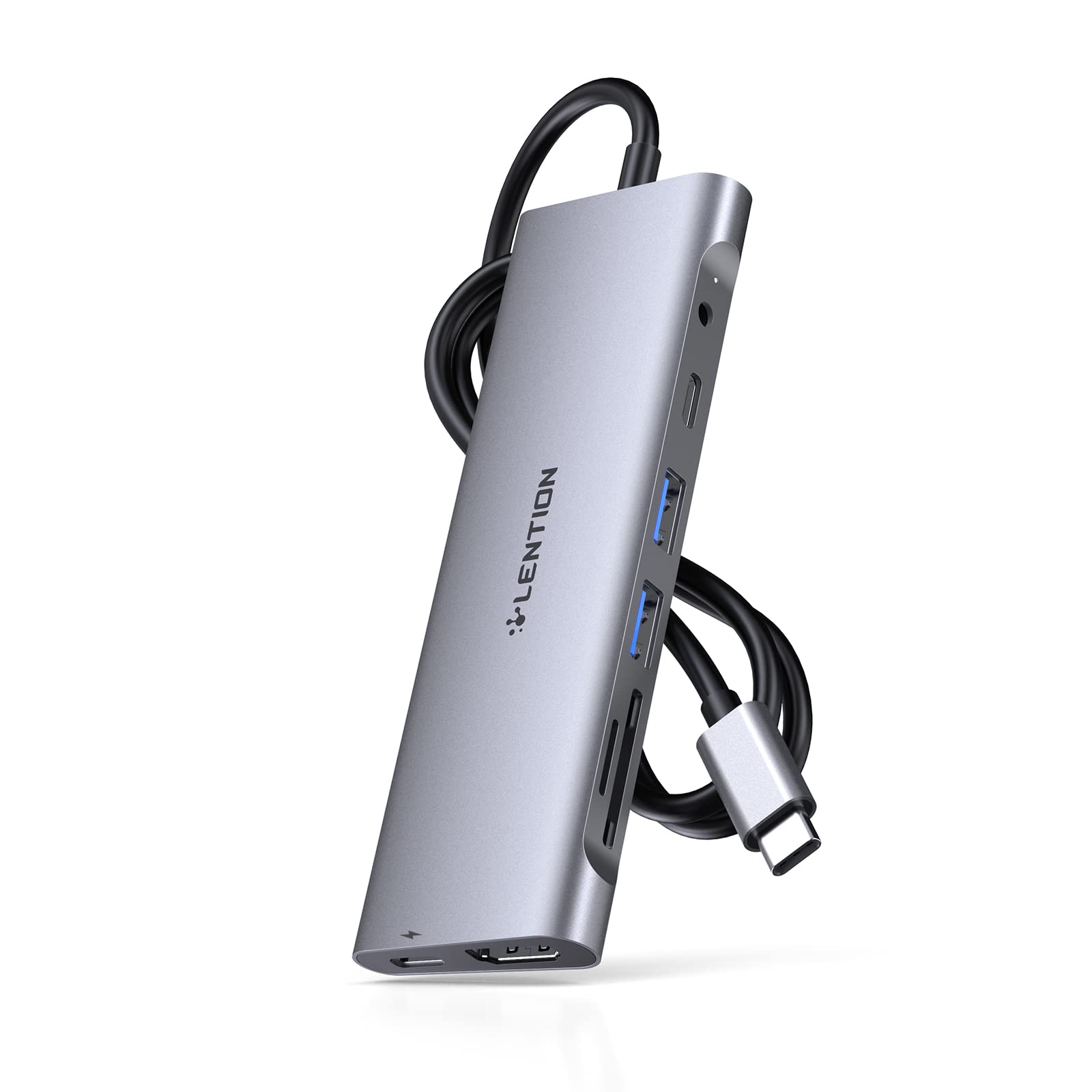 LENTION 3.3FT Long Cable USB C Hub with 4K HDMI, 2 USB 3.0, Card Reader, Aux, Type C Data/Charging Compatible 2024-2016 MacBook Pro, Mac Air/Surface, More, Stable Driver Adapter (CB-C37, Space Gray)
