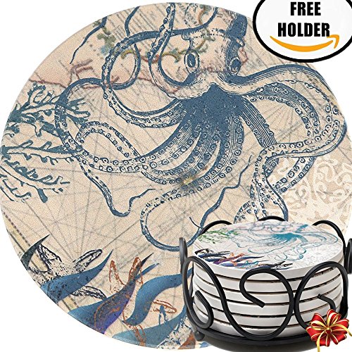 SALE - Enkore Ceramic Coasters - Set of 6 Absorbent Natural Stone Coaster In Deluxe Black Iron Metal Holder - Modern & Functional, Octopus Design With Furniture Surface Safe Cork Backing