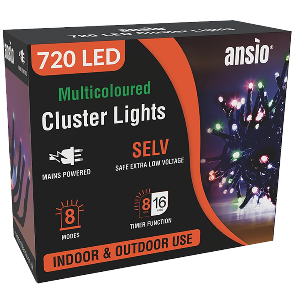 ANSIO® Outdoor Christmas Lights 720 LED 9m/29ft - Multicoloured Cluster Christmas Tree Lights for Indoor & Outdoor Decorations Fairy Lights with Timer | Mains Powered - Green Cable