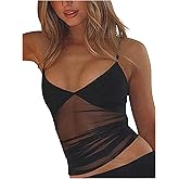 SOLY HUX Women's Sheer Mesh Cami Tops V Neck Spaghetti Strap Ruched Y2k Going Out Crop Top