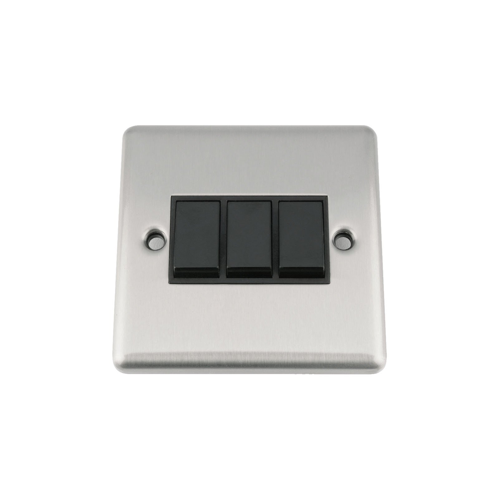A5 Light Switch - Triple 3 Gang 2 Way - Satin Brushed Chrome - Classic Style Black Insert Plastic Rocker Switch