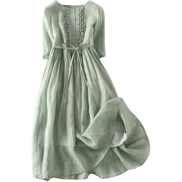 Womens Bohemian Cotton Linen Dresses 3/4 Sleeve Maxi Long Dress Plain  Classic Dresses Trendy Boho Dresses with Belt at Amazon Women's Clothing  store