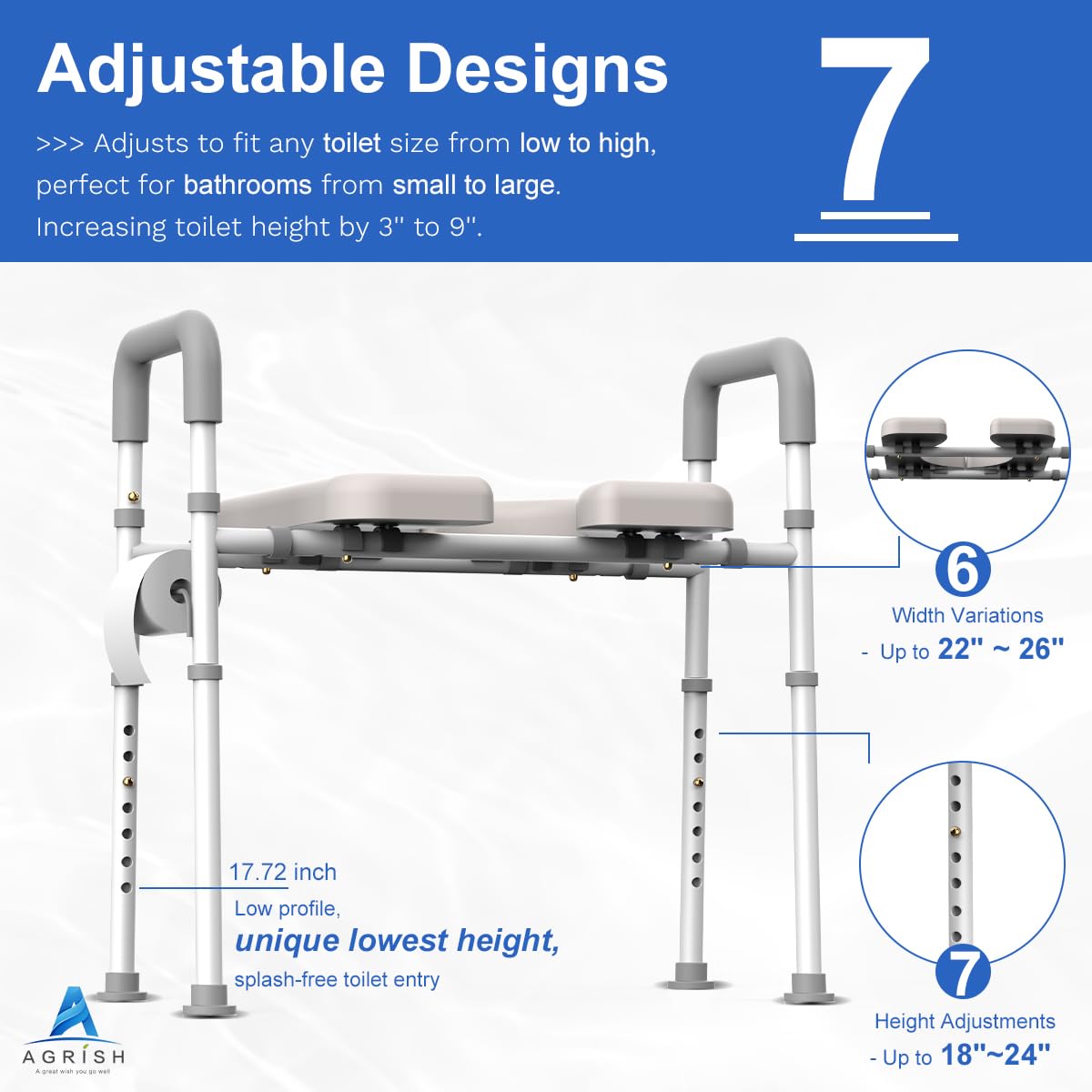 Raised Toilet Seat with Handles - Width & Height AdjustableToilet Seat Risers for Seniors, Heavy Duty Handicap Toilet Riser, Fit Any Toilet, Up to 400lbs