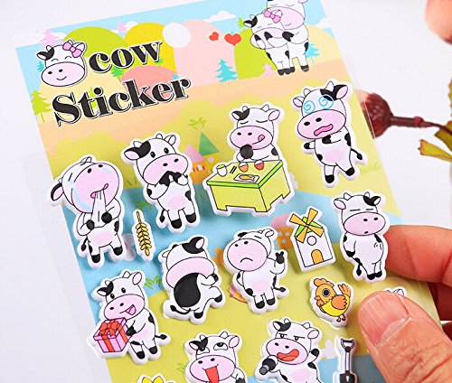 4 Sheets Cute Lovely Puffy DIY Decorative Adhesive Sticker Tape / Kids Craft Scrapbooking Sticker Set for Diary, Album (Cow)