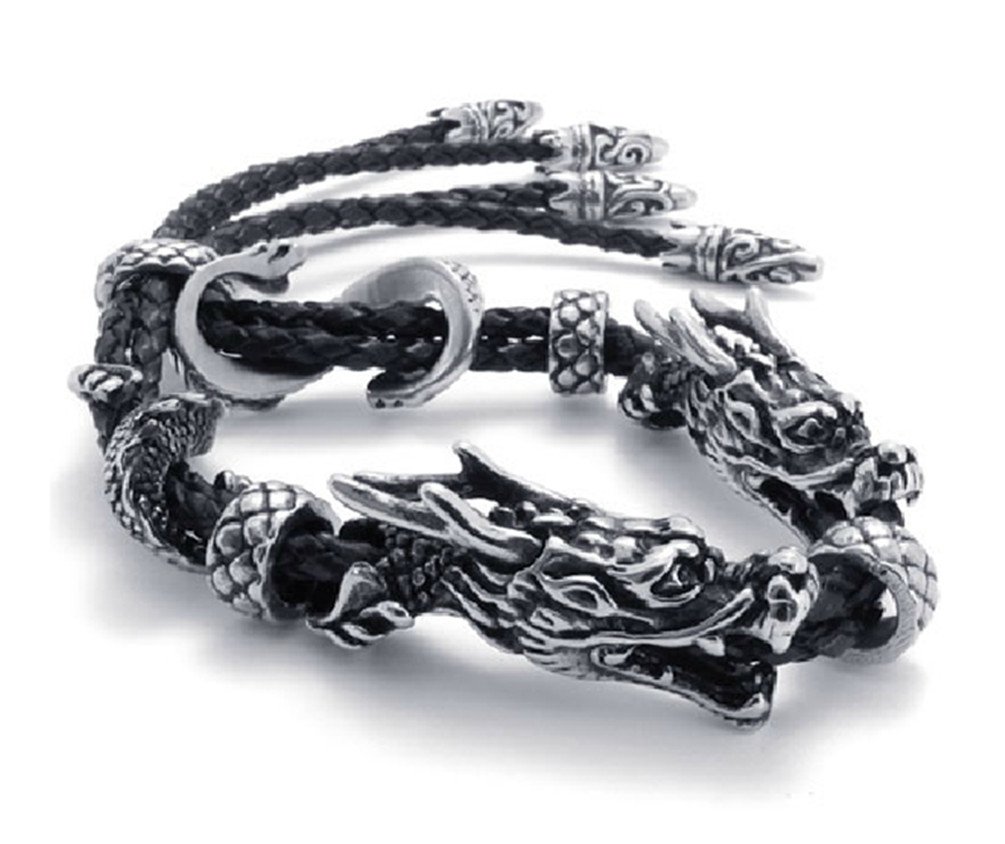Feilok Dragon Head Phoenix Tail Stainless Steel Adjustable Bracelet/Bangle Black Genuine Leather Cord