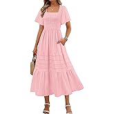 MEROKEETY Women's 2026 Summer Flowy Midi Maxi Dress Short Sleeve Square Neck Smocked Tiered Ruffle Boho Dresses with Pockets