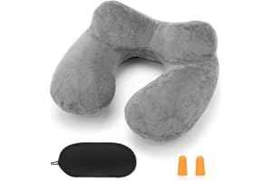 HITSZS Inflatable Travel Pillow for Airplane Inflatable Neck Pillow for Traveling with Soft Velvet Washable Cover for Sleeping, Airplane,Train, Car, Office, Contoured Eye Masks, Earplugs