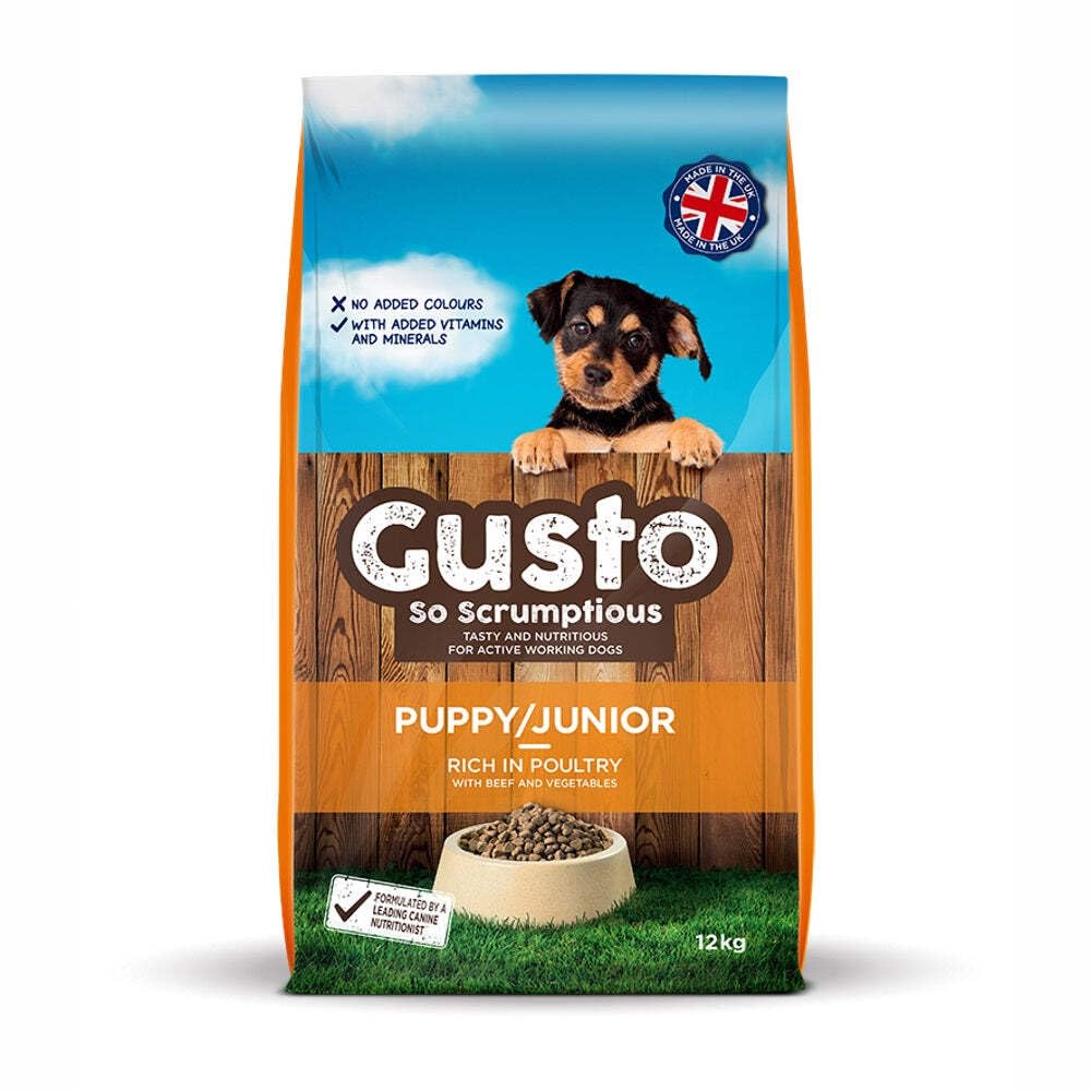 Gusto Puppy/Junior Complete Dry Dog Food Rich in Poultry with Beef and Veg, 12 kg , Pack of 1