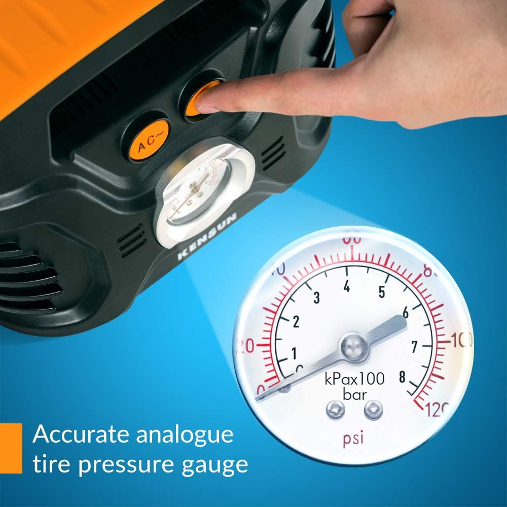 Kensun AC/DC Power Supply Portable Air Compressor Pump with Analog Display to 100 PSI for Home (110V) and Car (12V), Tire Inflator with Adaptors for Cars, Trucks, Bicycles, Balls: Home Improvement