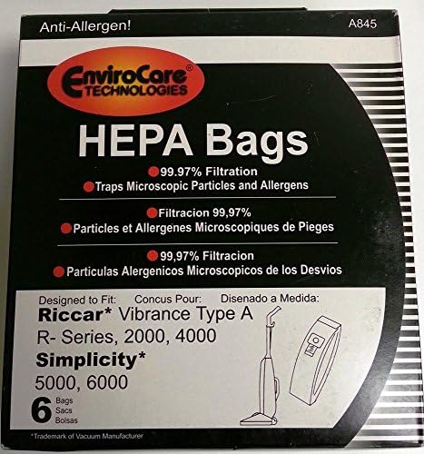 Vacuum Cleaner Bags 6 pk RICCAR HEPA Type A Vacuum Bags for Simplicity, Vibrance VIBCL2000 Part A845