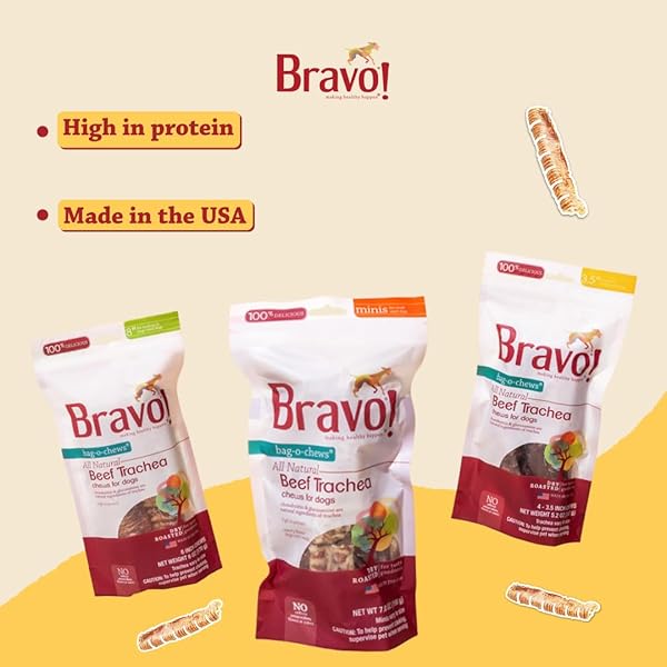 BRAVO! BEEF TRACHEA DOG CHEWS, 8 INCH (2 COUNT) FOR MEDIUM AND LARGE BREED DOGS, DRY ROASTED, HIGH PROTEIN, NATURAL SOURCE OF CHONDROITIN AND GLUCOSAMINE