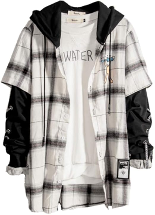 Amazon Habille ハビー メンズ チェック柄 フード付き シャツ パーカー風 重ね着風 V系 ロック バンド レースアップ おまけ付 2カラー トレーナー パーカー 通販