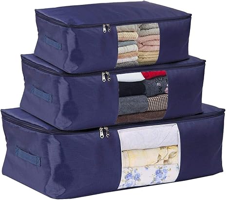 Amazon Co Jp 収納袋 布団袋 毛布 敷きパッド 季節の変わり目の衣類の整理等に 布団収納ケース 窓付き 持ち手付き 紺色 3枚組 ホーム キッチン