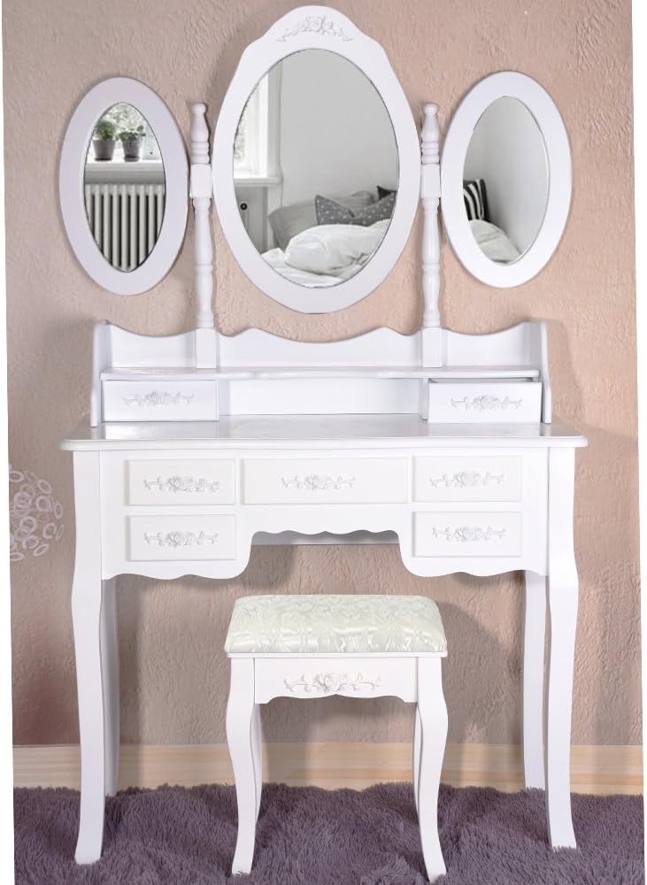 Xiaolong Luxuriou Dressing Table Set with Stool, 3 Panel Foldable Mirror and 7 Drawers Bedroom Furniture (White)
