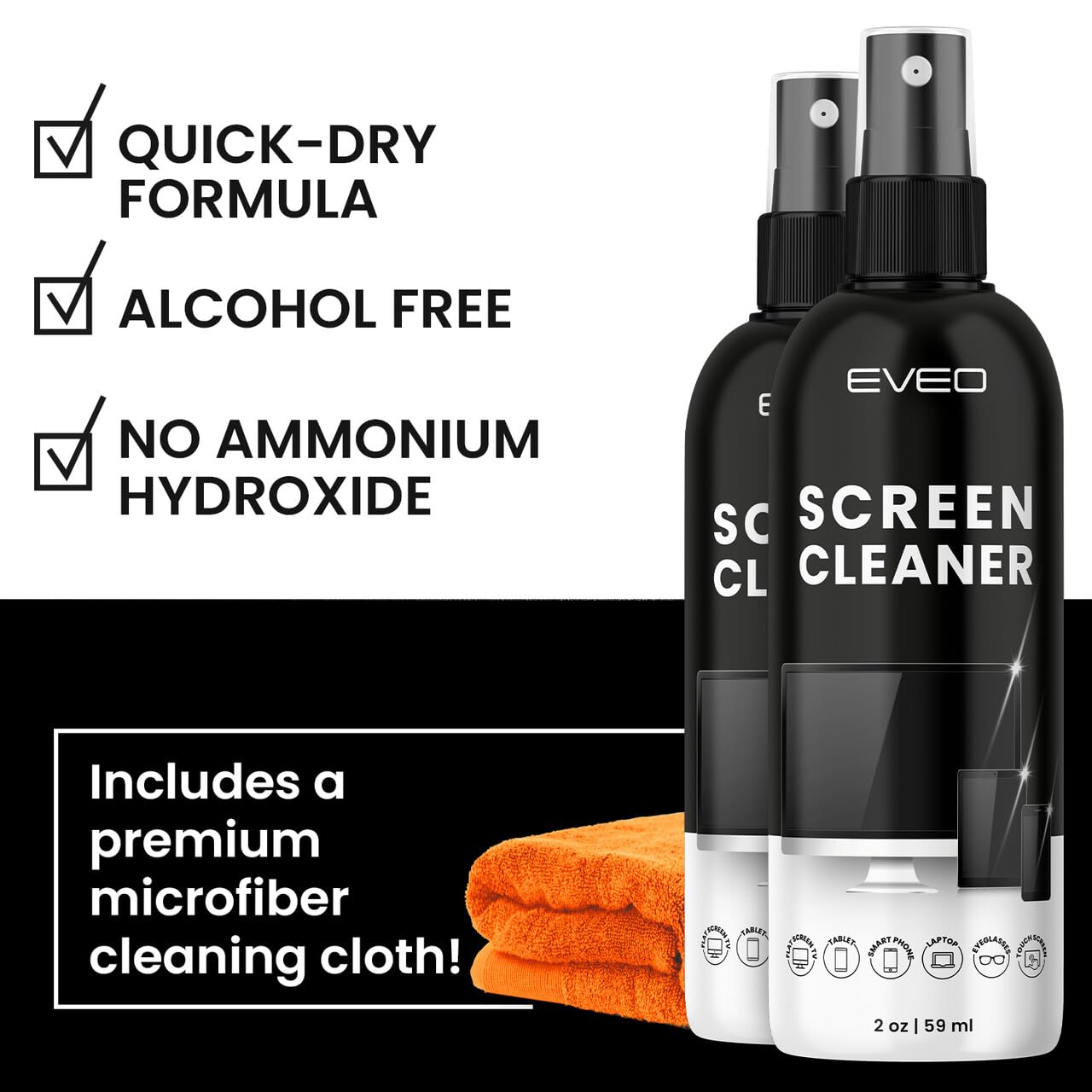 Screen Cleaner Spray - TV Screen Cleaner Spray and Microfiber Cloth kit, Computer Screen Cleaner & Car Screen Cleaner for TV, Monitor, Laptop, MacBook, iPad, iPhone and Electronic Devices - 2 Pack