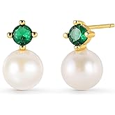 FarF&ME Pearl Studs Earrings for Women Trendy, Small Chic Freshwater Pearl with Emerald Green Rhinestone Earrings for Bridal, Wedding & Everyday.