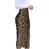 Floerns Women's Elegant Leopard Print Ruched Bodycon Pencil Long Skirts