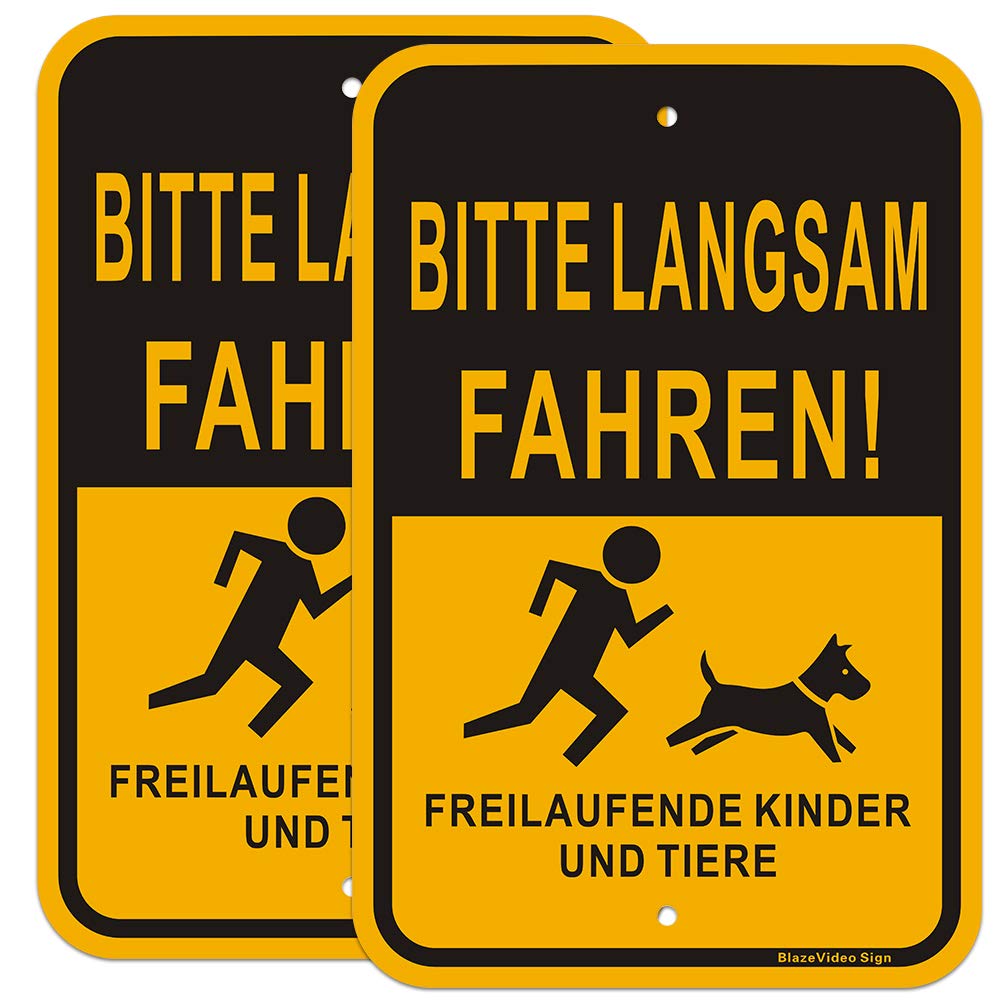 2-Piece "Bitte SLOW DRIVING SIGNS, Vorsicht den Kinder und Tiers" Warning Sign Aluminium Sign (300 x 450 mm)