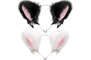 2PCS Cat Ears Headband Halloween Headband Cosplay Make Up Girl Plush Furry Ears with Ribbon Bell for Halloween Cosplay