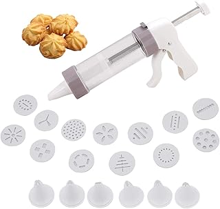 AOI Gebäckspritze für Kuchen und Kekse, Gebäckspritze Edelstahl, Einhand-Garnierspritze, Kuchen-Zuckerglasur-Set, Gebäckpresse, mit 13 Unterschiedlicher Stil Form Schimmel und 6 Tüllen