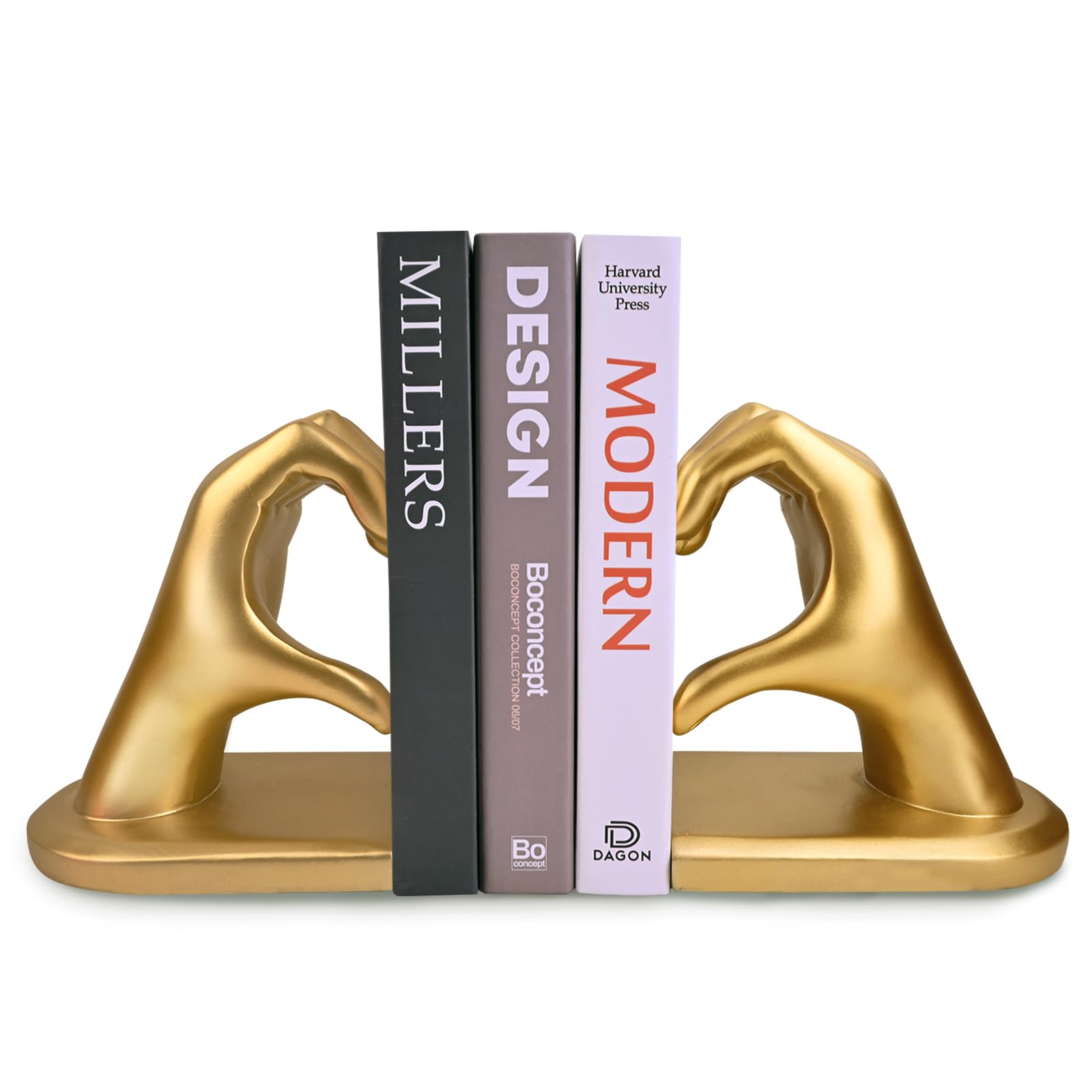 Gold Gesture Decorative Bookends - Heart Hands Sculpture Bookend, Creative Book Stopper and Holder for Books - Perfect for Living Room, Home Decoration, and Office Shelf Dividers