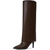 VIUGJNEX Knee High Boots Women Fold Over Boots Pointed Toe Stiletto Heel Long Shark Tall Boots with Zipper