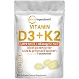 Micro Ingredients Vitamin D3 1,000 iu Plus K2 (MK-7) 25 mcg, 300 Virgin Coconut Oil Softgels | 2 in 1 Vitamins D & K Complex | Ideal Potency for Kids & Pregnant Women – Easy to Swallow