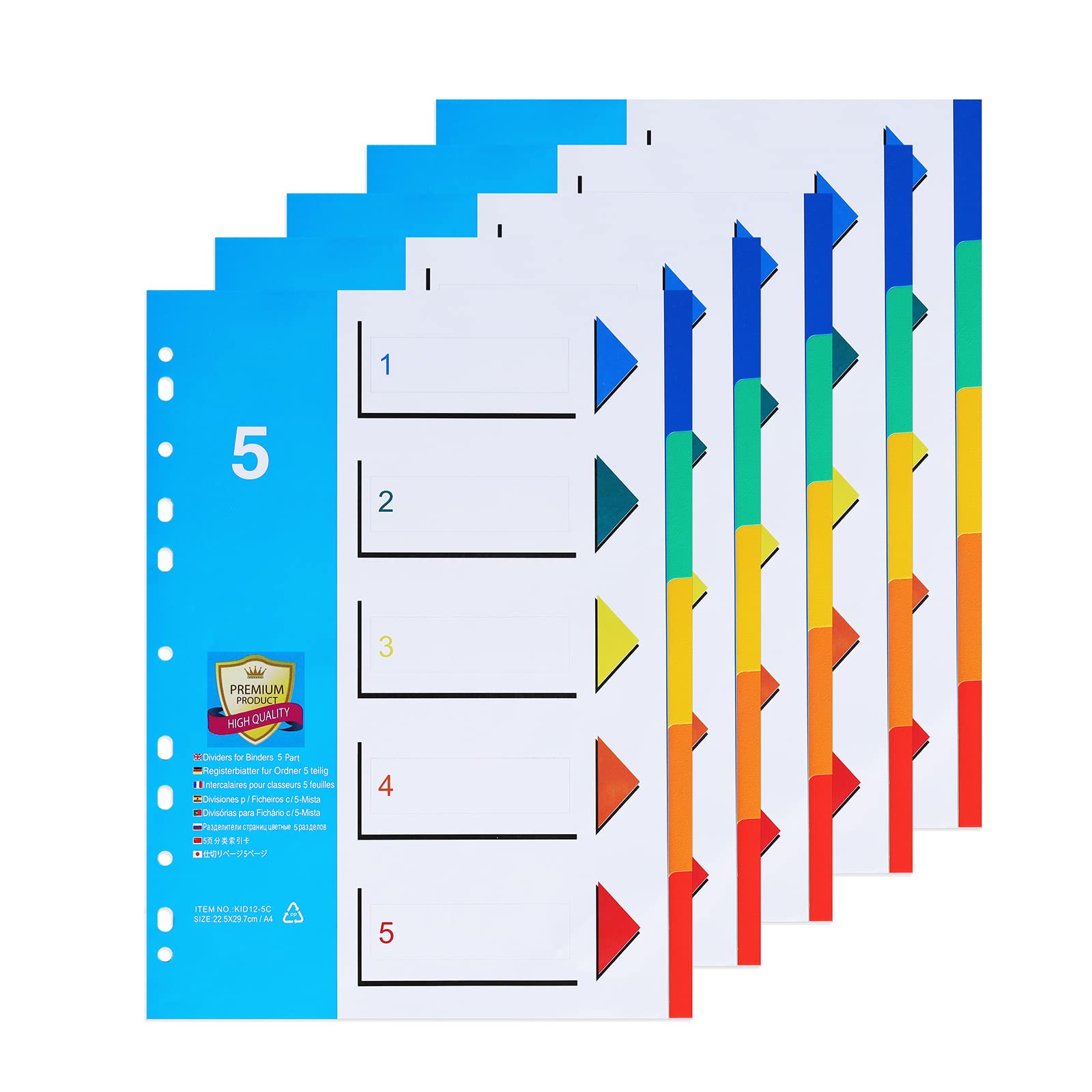 [5 Pack] A4 File Dividers 5 Part Number 1-5, Subject Divider with 11 Hole Punched Reinforced Colour Index Tabs for Home Office