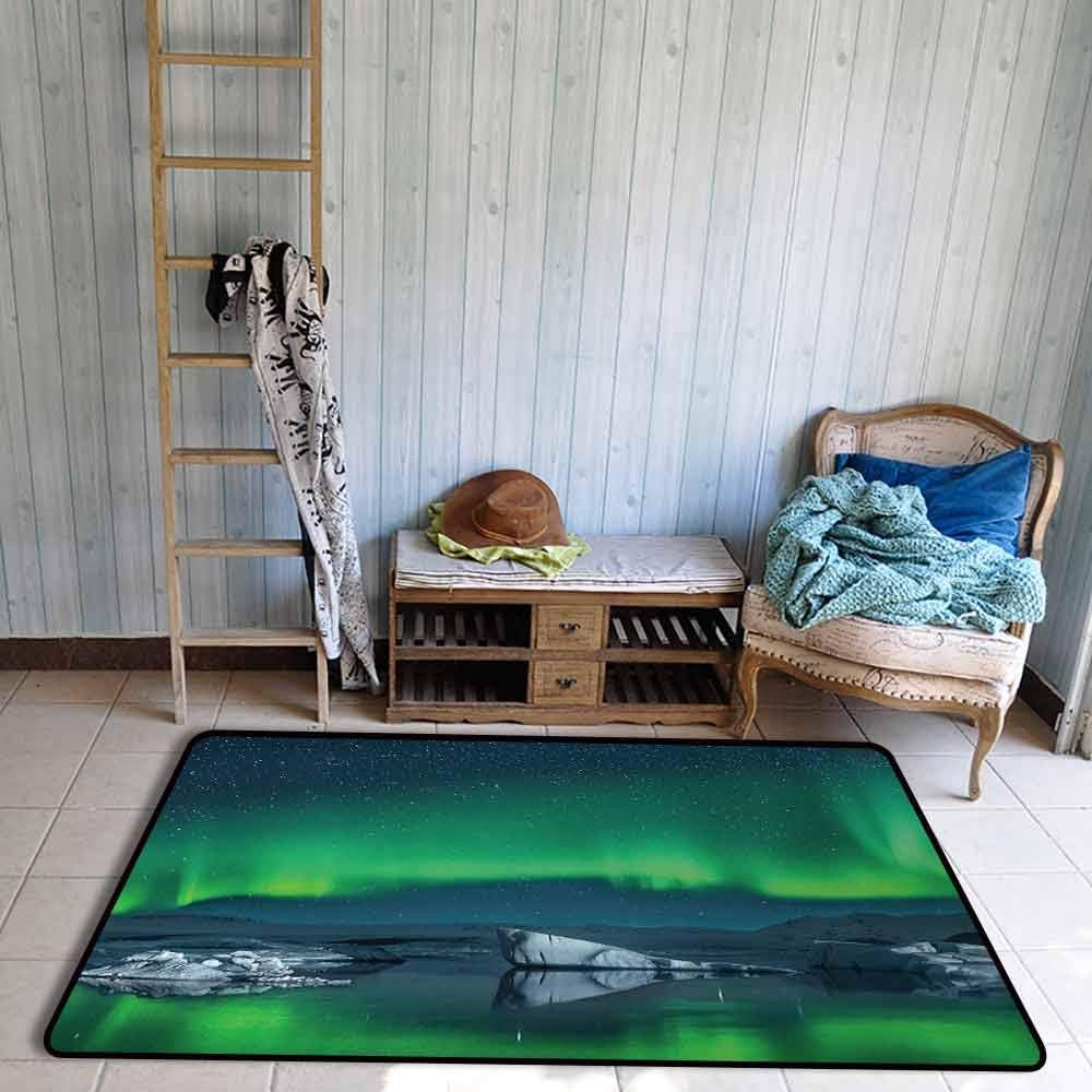 Alaska Home Decor Area Rug Aurora Borealis Under The Starry Sky Hills of Arctic Northern Landscape Dining Room Home Bedroom W55 x L63 Night Blue Lime Green