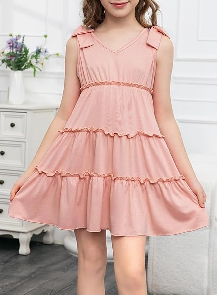 BLIBEAN GIRLS SUMMER DRESSES TEEN KIDS BOHO BEACH SLEEVELESS SUNDRESS CASUAL SOLID TRENDY FLARE A-LINE SUN DRESS TIERED OUTFITS SIZE 14 15 16 YEAR OLD PEACH PINK