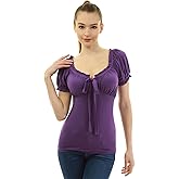 AmélieBoutik Women Ruffle Trim Tie Notch Neck Raglan Puff Short Sleeve Blouse Top