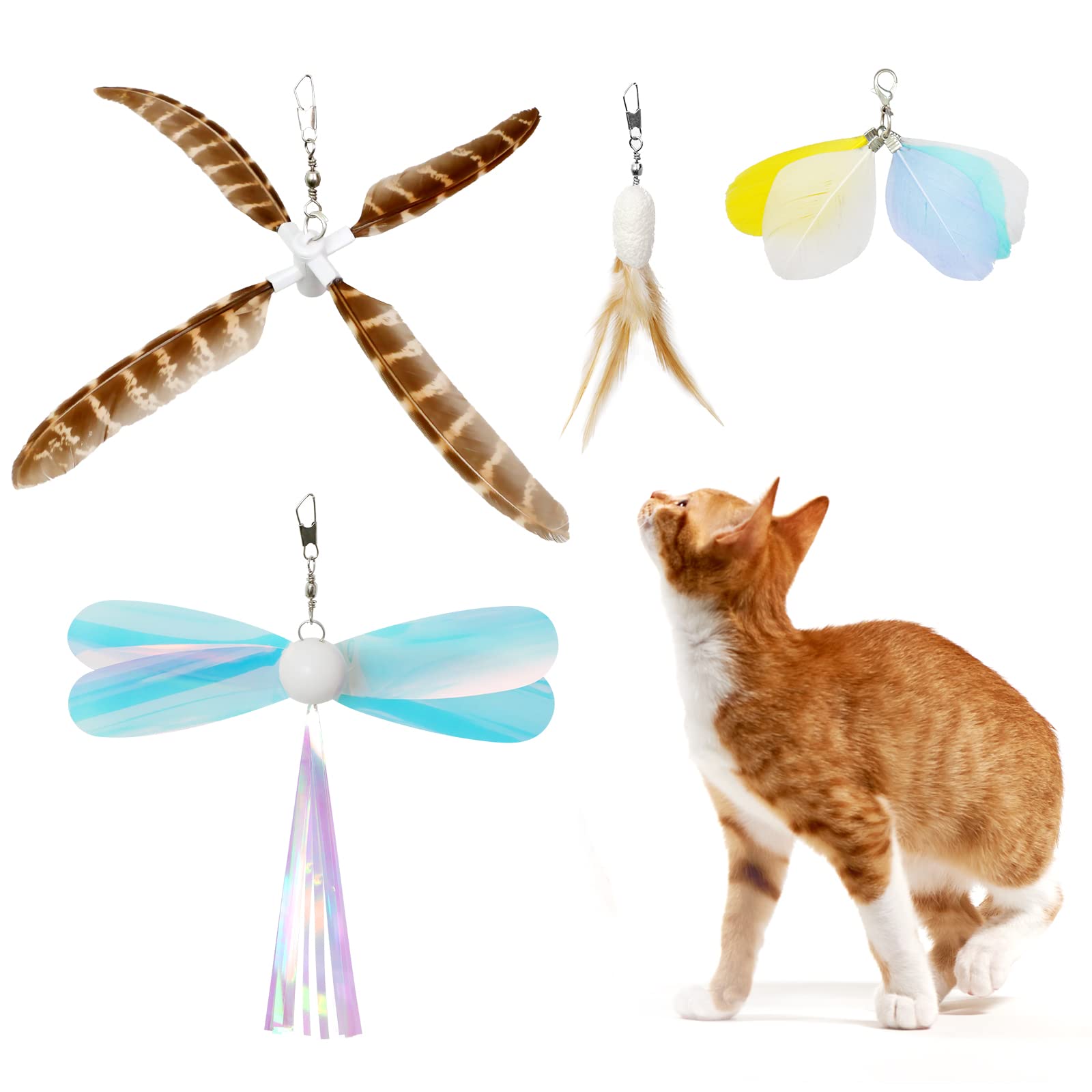 Photo 1 of **PARTIAL SET 2 OF 4** uahpet Natural Feather Cat Toys for Indoor Cats Retractable Kitten Wand 60inch Safe Hunting Distance Interactive Toys for Kittens